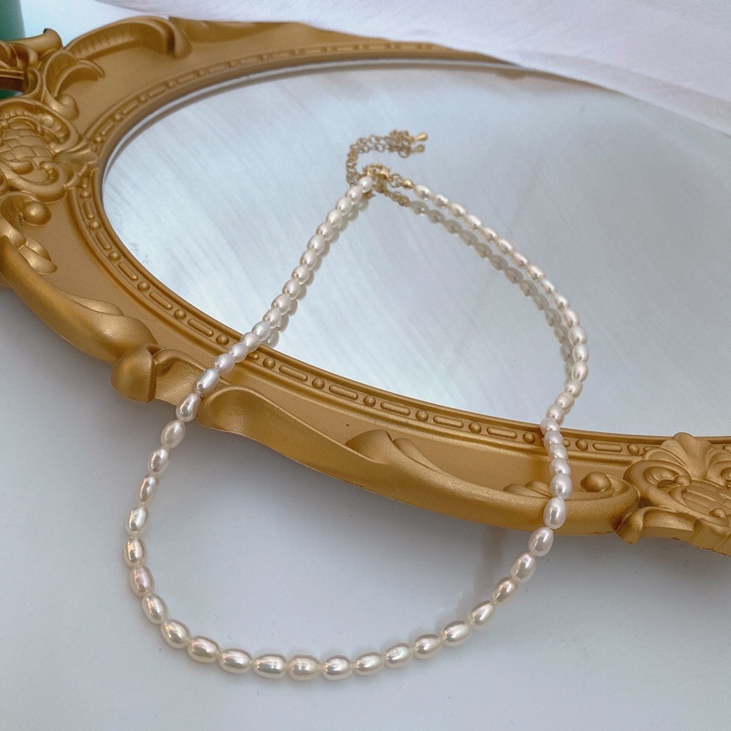 SUTTONRAL 14K Gold Oval Olive Bead & Freshwater Pearl Necklace - 18 Inch Adjustable Clavicle Chain