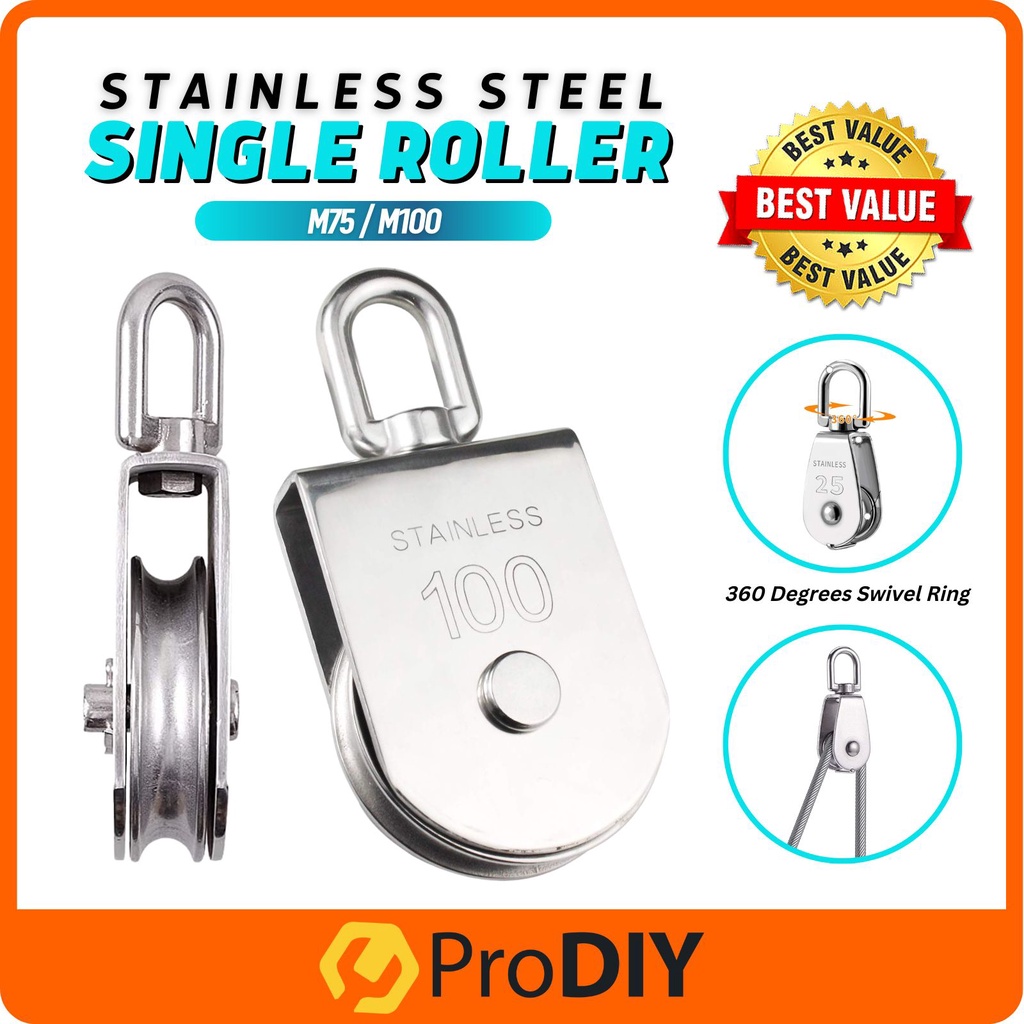 SEUNMUK 2 Pack M75 Lifting Single Pulley Roller, 304 Stainless Steel Heavy Duty Single Wheel Swivel Lifting Fixed Pulley Block For Rope And Rigging, Loading Capacity 1700 Lbs, Silver