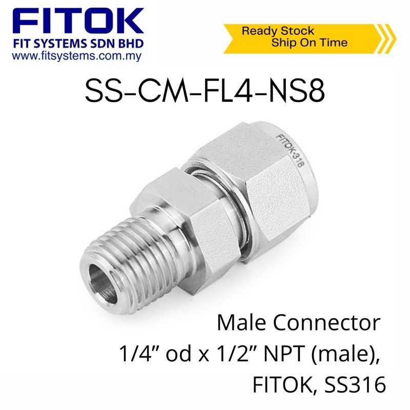 Male Connector 1/4” OD x 1/2” NPT (Male), FITOK, SS316 (SS-CM-FL4-NS8 ...