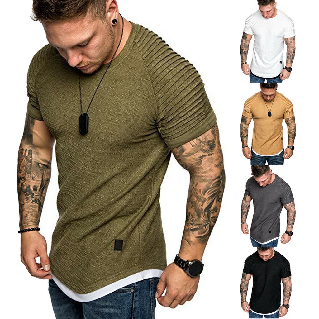 Men's T-Shirts Pleated Wrinkled Slim Fit Short Sleeve Muscle Solid ...