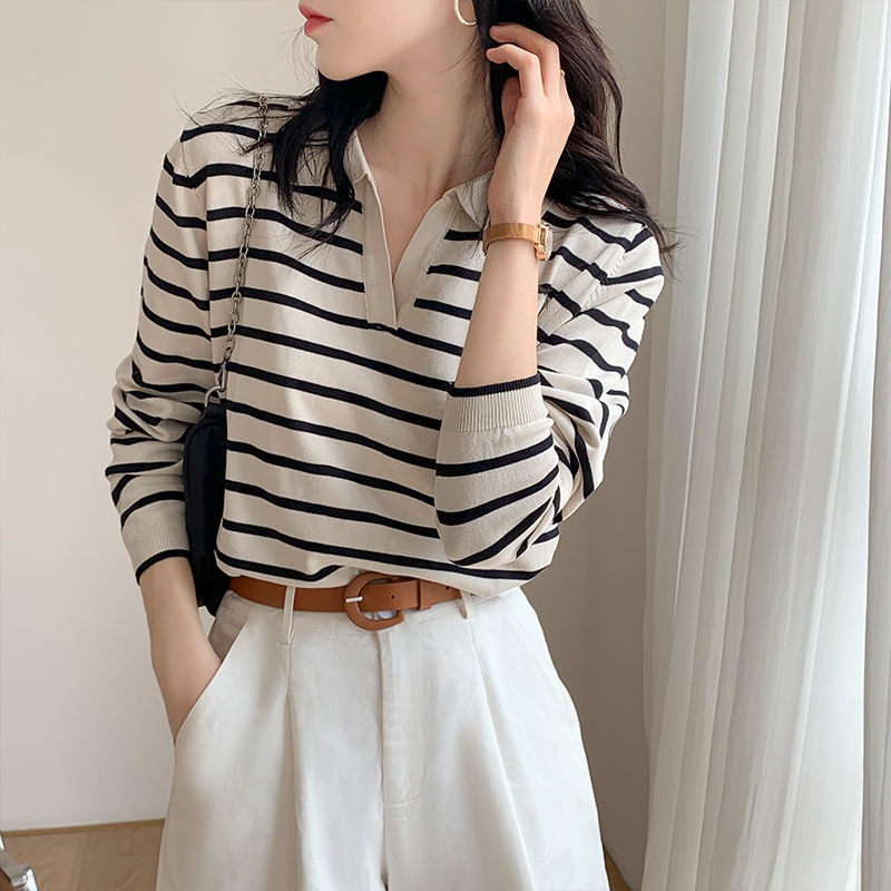 Women’s Striped V-Neck Sweater with Back Bow main image 0