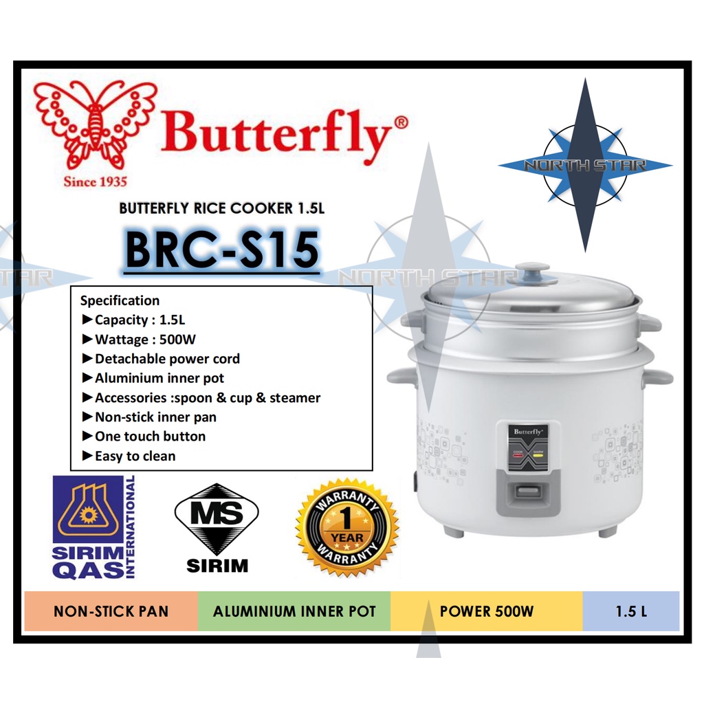 Butterfly Rice Cooker with steamer tray keep warm function 1.5L