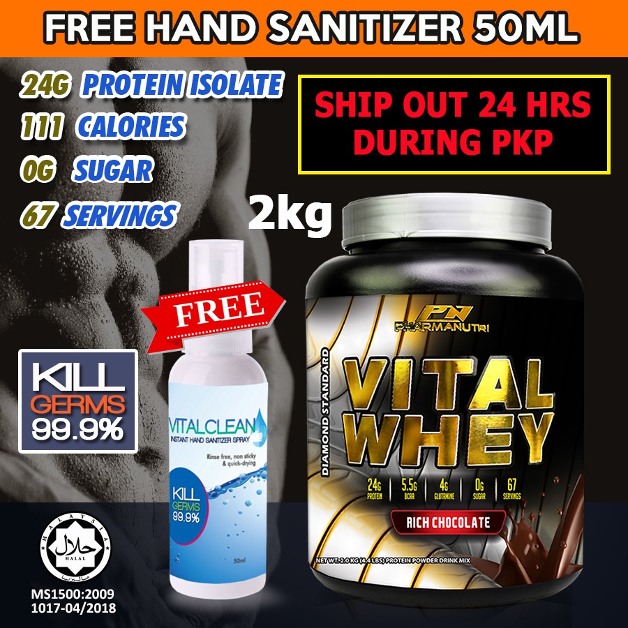 Vital Whey Isolate Halal 2KG 24g Protein (Choc) BCAA Glutamine [Free
