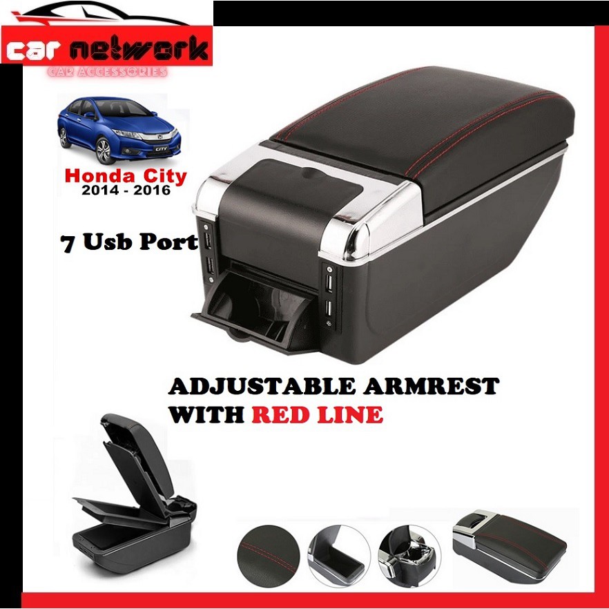 ARMREST ADJUSTABLE 7 CHARGING PORT WITH RED LINE Honda City 20142016