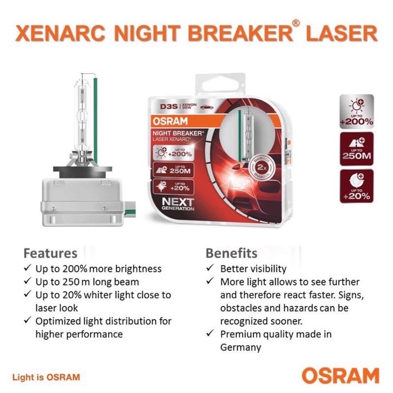 D3S: Osram +200% Night Breaker Laser HID Bulb 66340XNL (Pack of 2)
