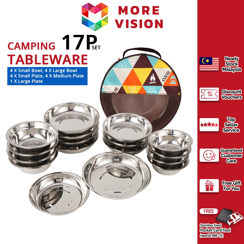 CLS Tableware 17/22Pcs Stainless Steel Plate Bowl Set Mess Kit Camping