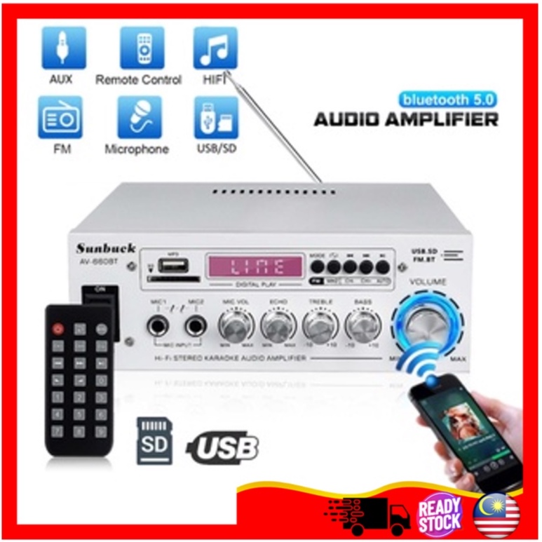 SUNBUCK Bluetooth Stereo Amplifier 1200w 12v 220v HIFI Audio Home Theater  Speaker Remote Control Car Home Karaoke