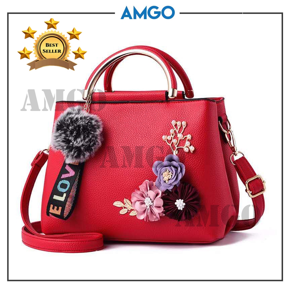AMGO Korea Fashion Top Handle Lady Handbag Womens Woman Bag PU Leather Tote  Shoulder Bags Sling Bag Beg [3D FLOWER RED]