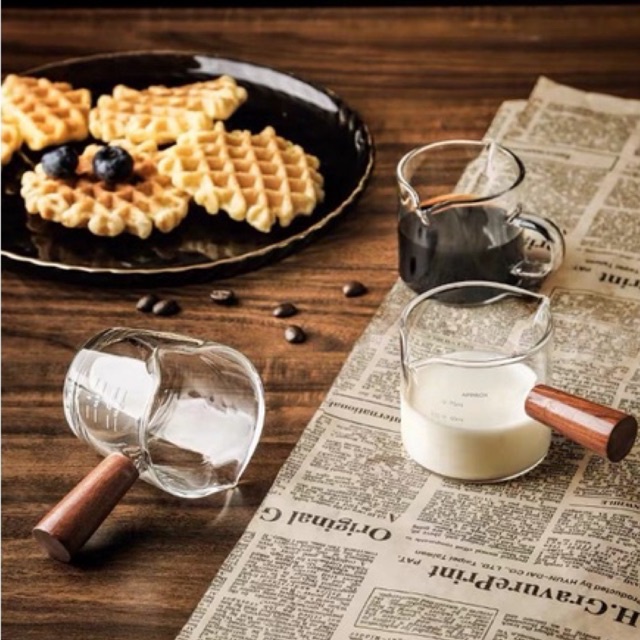 Espresso Shot Glass with Wood Handle Double Spouts Measuring Glass Cup ...