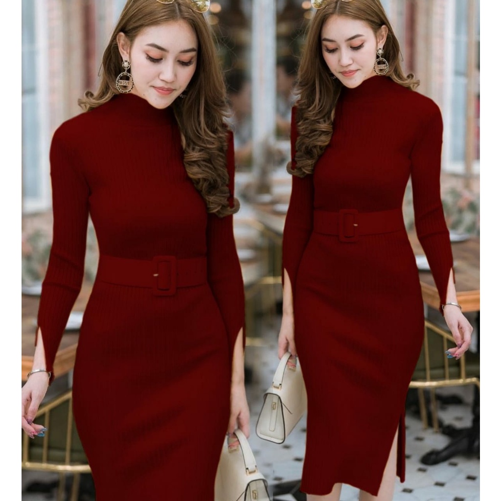 Women s Knitted dress LP free belt fbb Women s Clothing bodycon Long dress nicole Knit dress Shopee Malaysia