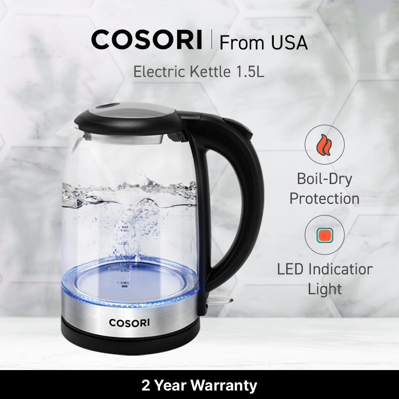 COSORI GK151 Electric Kettle Glass Fast Boil Quiet 3000W 1.5L Blue LED  Stainless