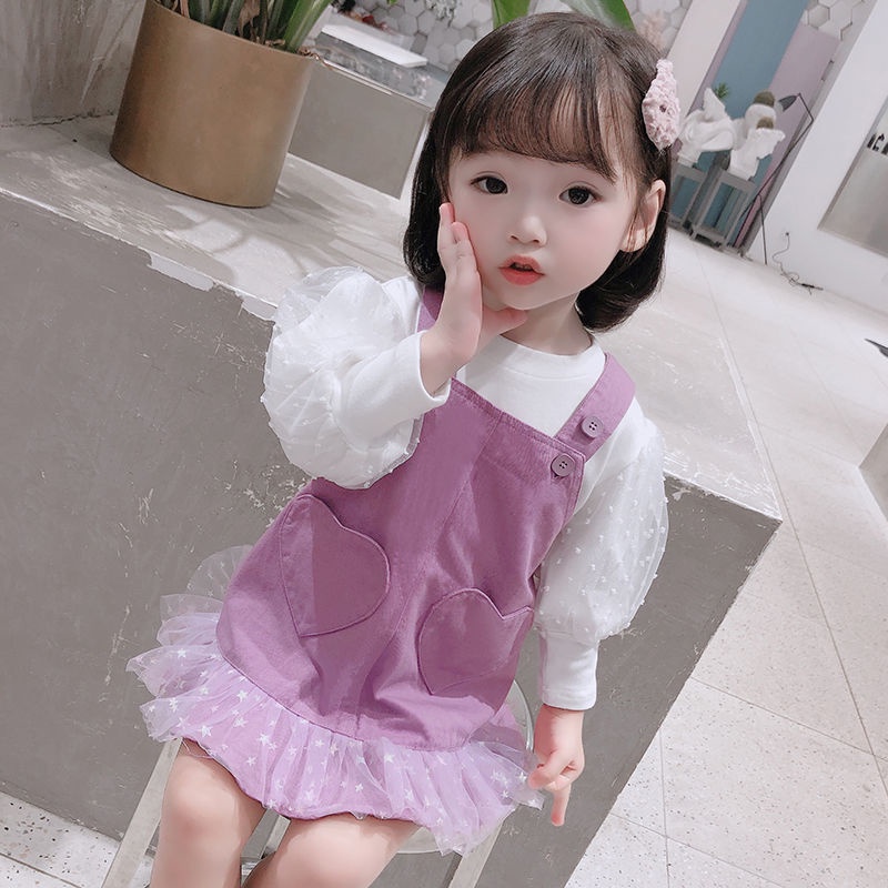 Korean Fashion Style Lavender Purple 2pcs Set Cute Baju Baby Girls Dress  Long Sleeve Kids Clothing Girls Dress QY135