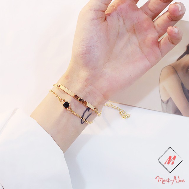 Ready Stock] Simple Fashion Double Layer Gold Bracelet Black Crystal Female  Jewelry Trendy