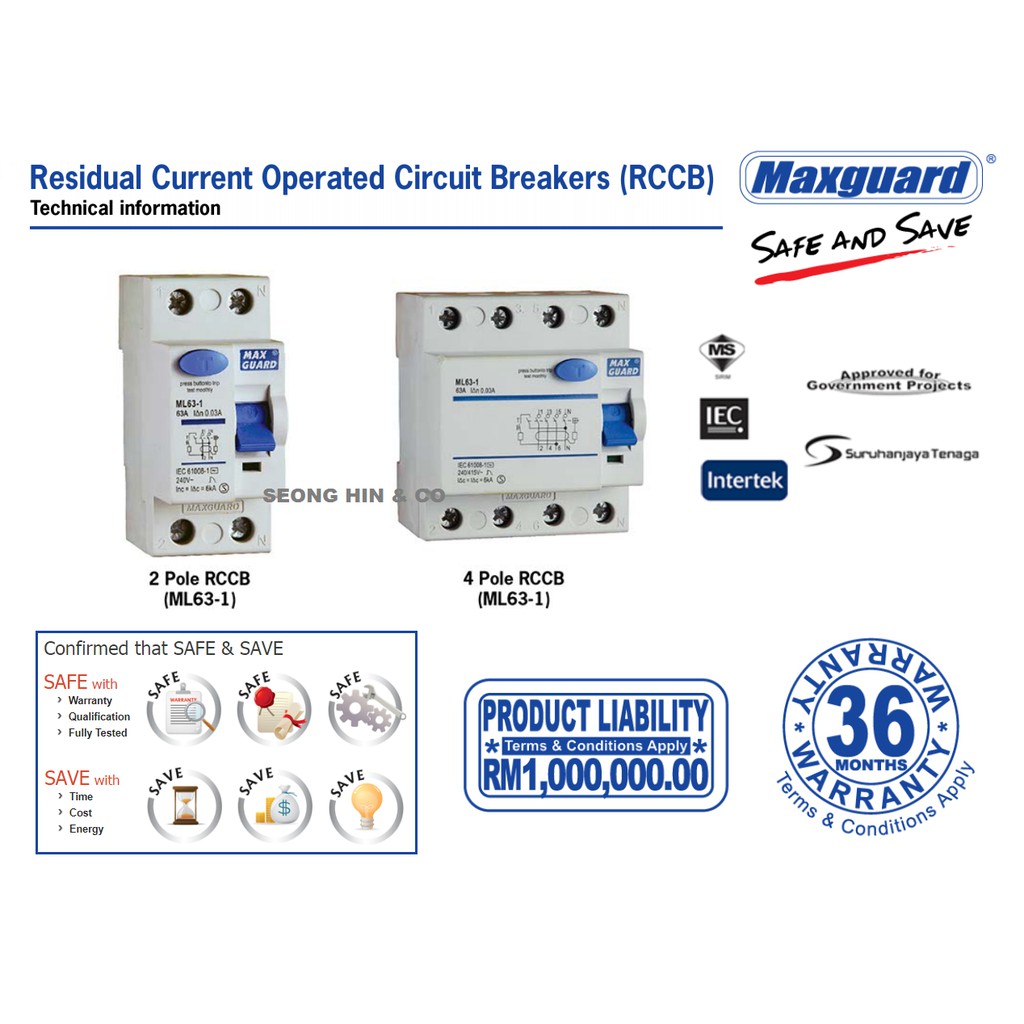 Maxguard 40A 63A 2 Pole 100mA (RCCB) Residual Current Operated Circuit ...