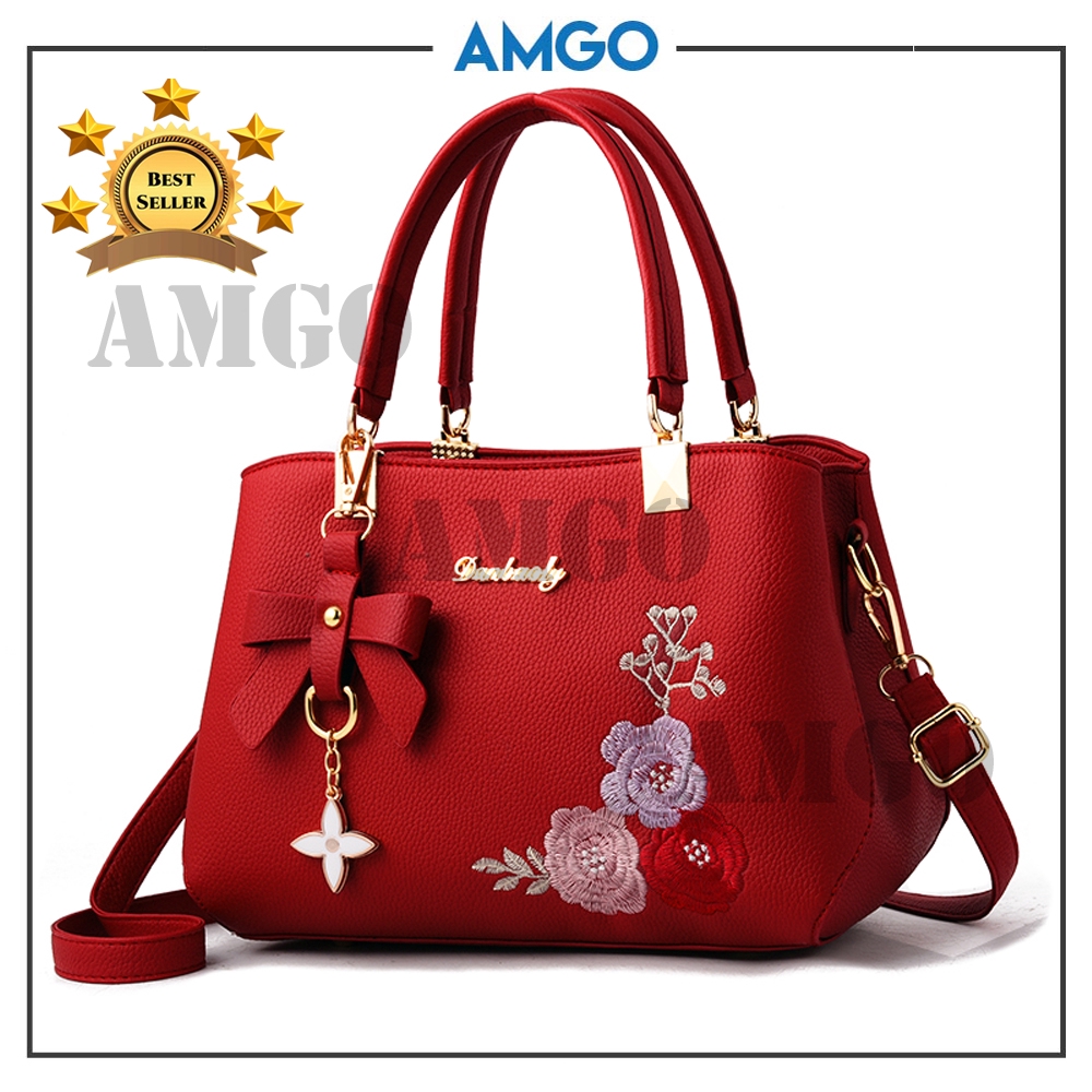 AMGO Korea Fashion Top Handle Lady Handbag Womens Woman Bag PU Leather Tote  Shoulder Bags Sling Bag Beg [FLOWER RED]