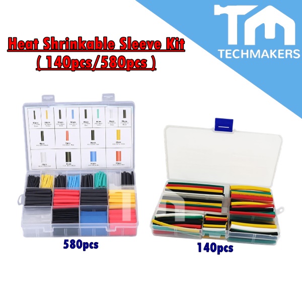 Heatshrink Heat Shrink Sleeve Sleeving Shrinkable Sleeve Kit ( 140pcs / 580pcs ) 2-to-1 Ratio DIY Soldering TechMakers