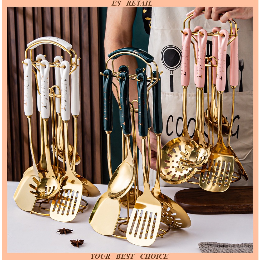 7 pcs stainless steel utensil set Gold cooking utensil set Gold kitchen