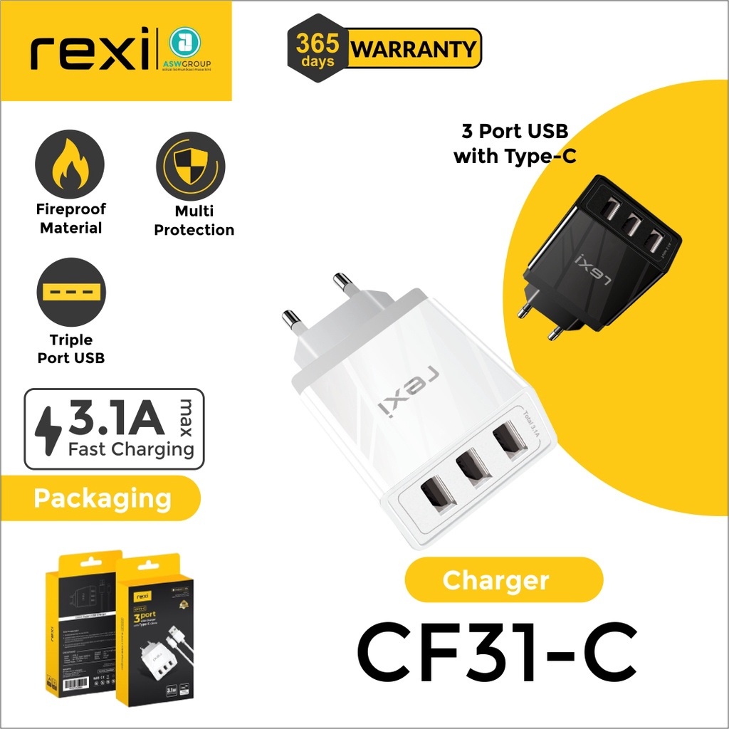 3 port USB PREMIUM [charger with typeC cable CF31C rexi Fast Charging