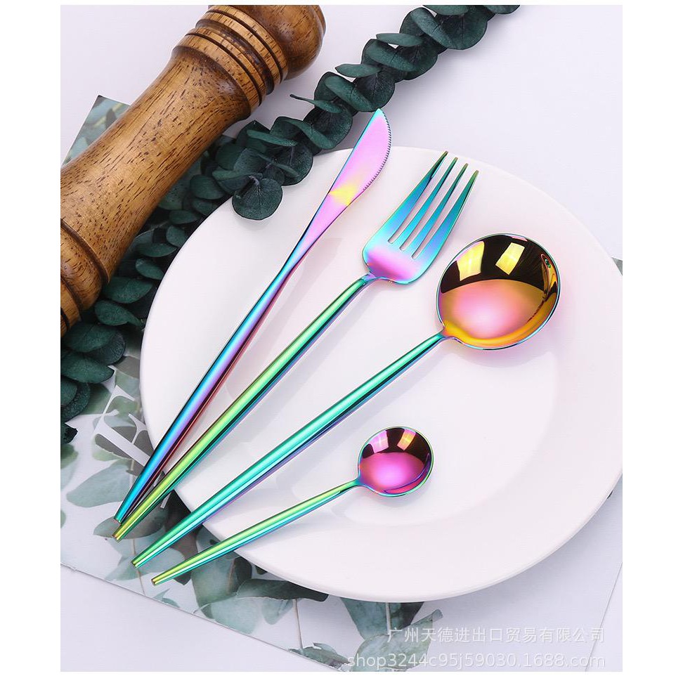 Stainless Steel Rainbow Portugese Korean Cutlery Set Sudu Garfu Warna