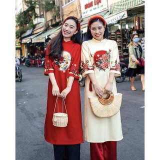 Buy Ao Dai Vietnam Red Silk Dress Black Satin Pant - Hien Thao Shop