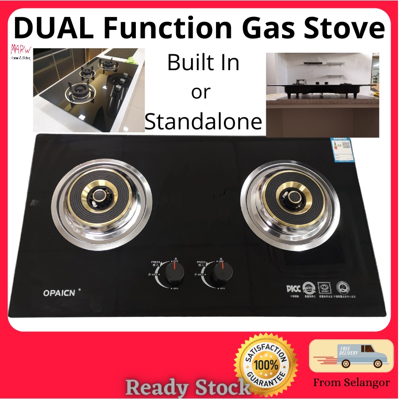 2 burner Gas Stove Built in Standalone Black Tempered Glass 4200W flame