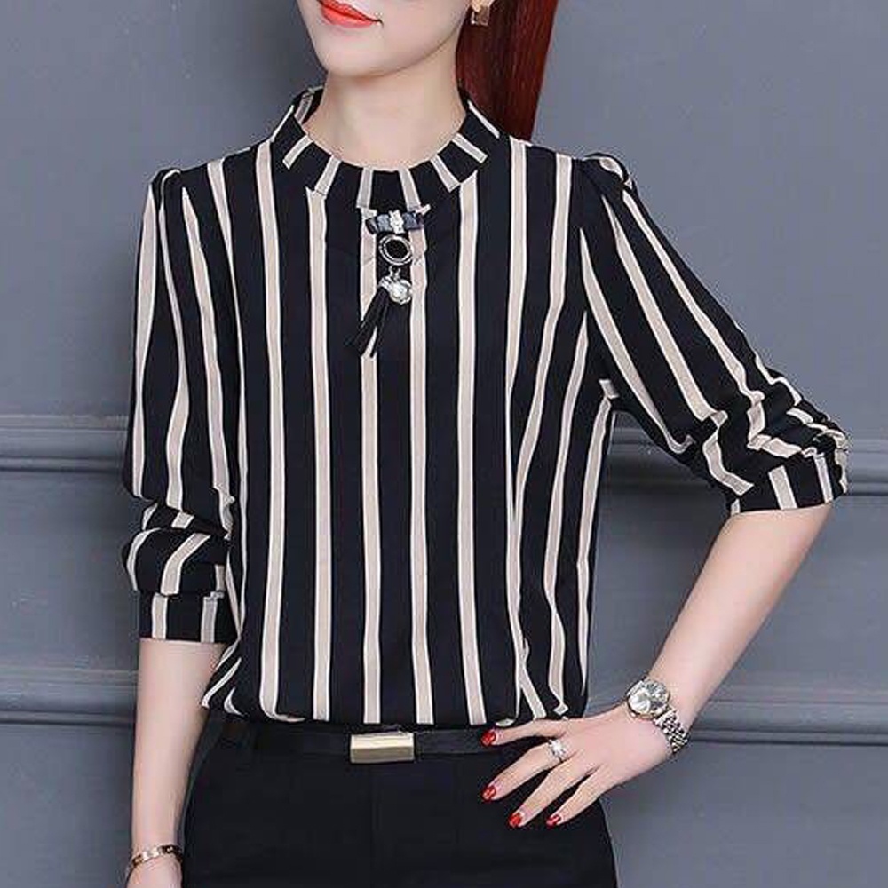 Plus Size Women's Loose Round Neck Vertical Stripe Shirt 3/4 Sleeves ...