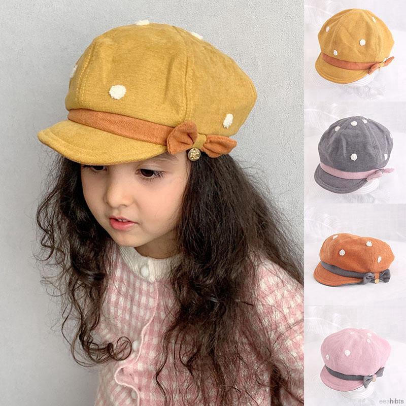 Cute Baby Girls Dot Pattern Bow Knot Candy Color Berets Hat Retro Style Kids Fashion Cap