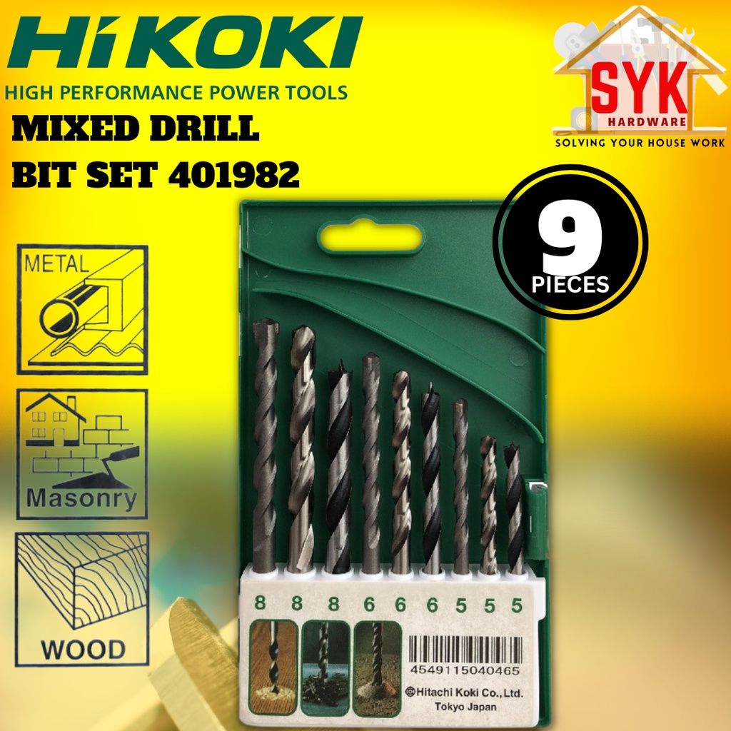 SYK Hikoki 401982 Mixed Drill Bits Set 9Pcs Wood Metal Masonry Bits ...