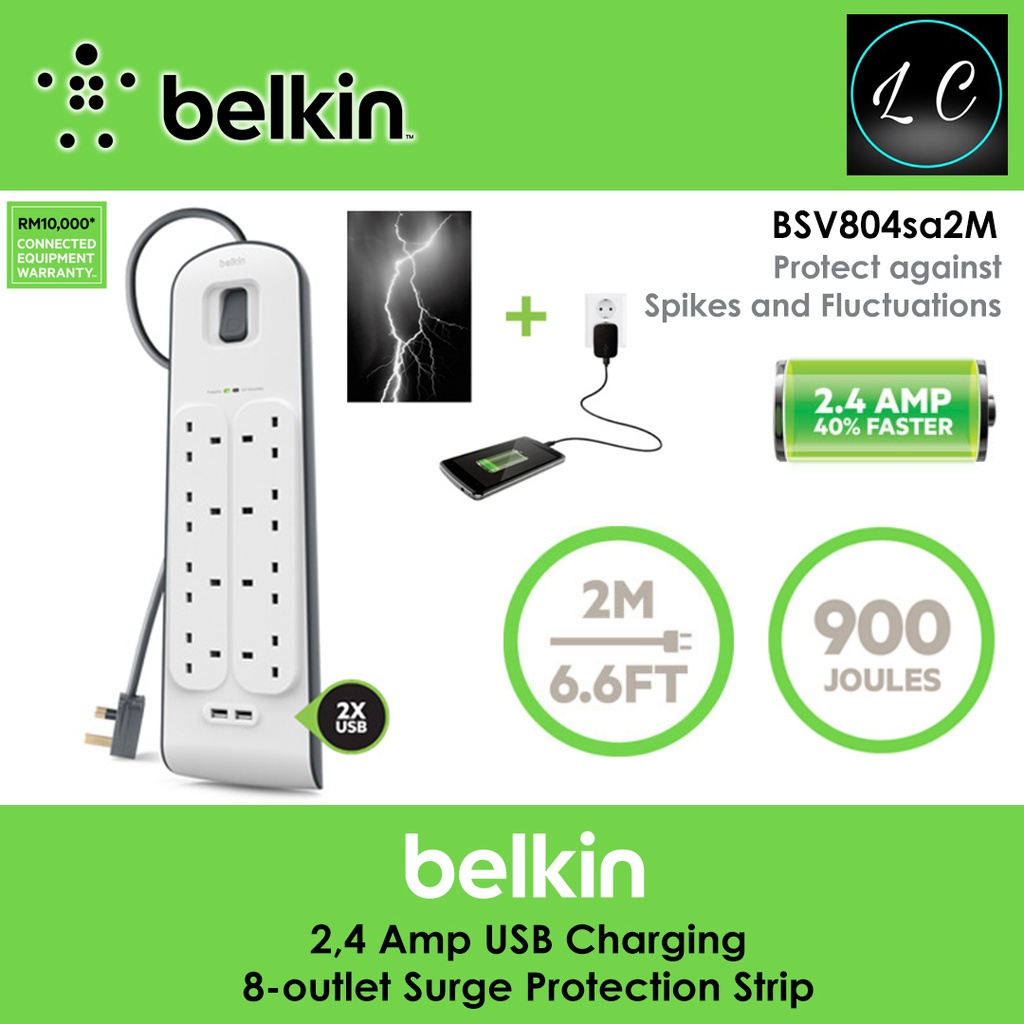 Belkin BSV804sa2M 8 Sockets Surge Protector Extension With 2 USB ( 2.4A