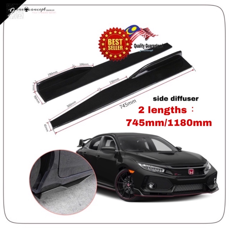 ( 2 Size ) 1Pair car auto Universal Black Side Skirt Rocker Splitters ...