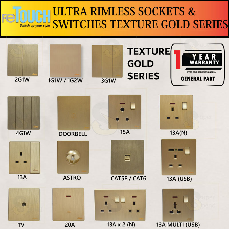 ReTouch Ultra Rimless Switches Sockets Texture Gold Series similar ...