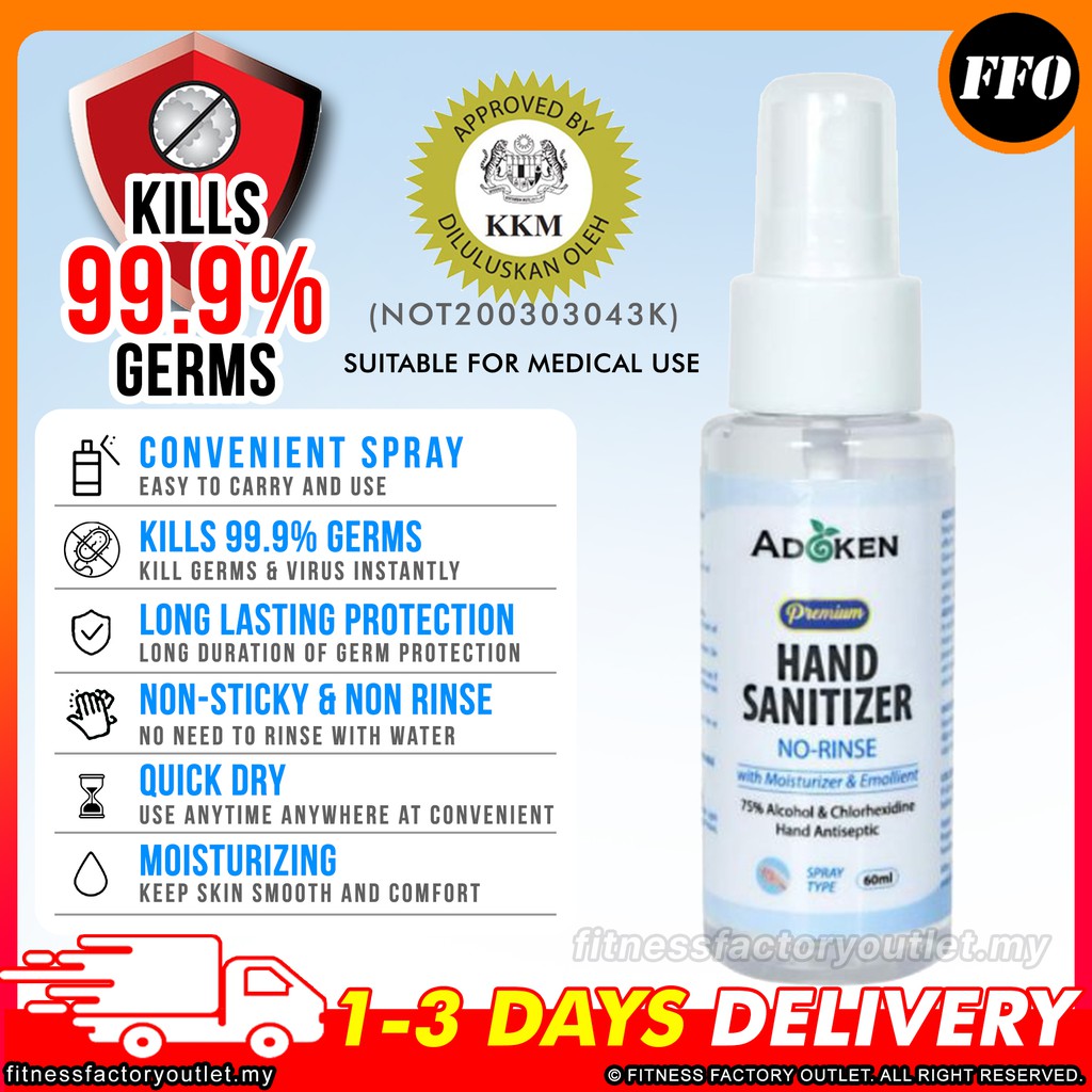 Adoken Hand Sanitizer 60ml Spray Detol Works Body Kill 99.9 Germ