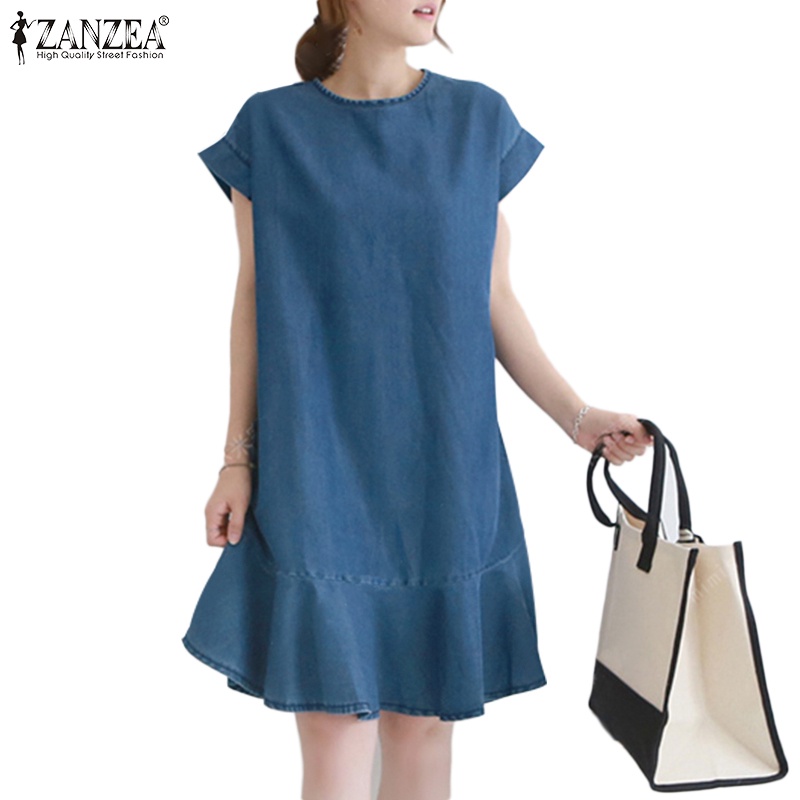 ZANZEA Women Korean Style Casual Round Neck Denim Color Ruffles Hem ...