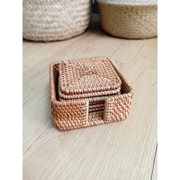 Set of 6 Square Rattan Coaster + 1 Bottle Holder | Shopee Malaysia