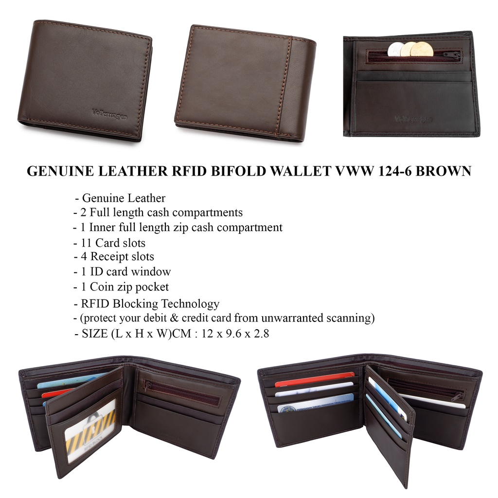 Volkswagen Genuine Leather RFID Bi-Fold Wallet VWW 124 Brown | Shopee ...