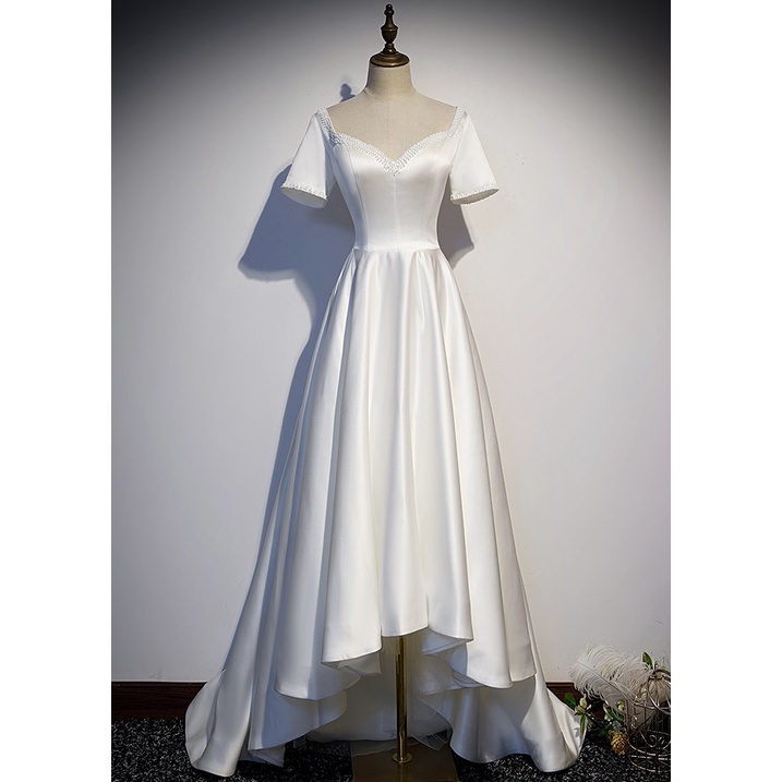 Asymmetrical Short Sleeve Pleated A-line Satin Dress Ivory