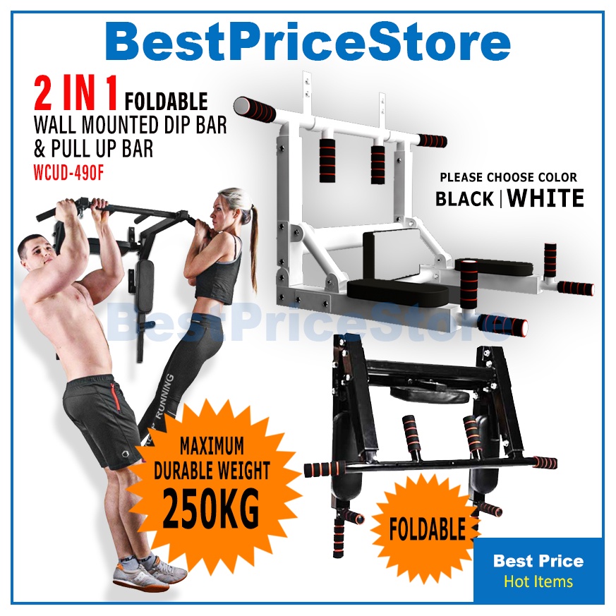 BPS 2in1 Gym Grade Portable Foldable Wall Mounted Chin Up Pull Up Rack Bar  2 in 1 Six 6 Packs Dip Station WCUD-490F