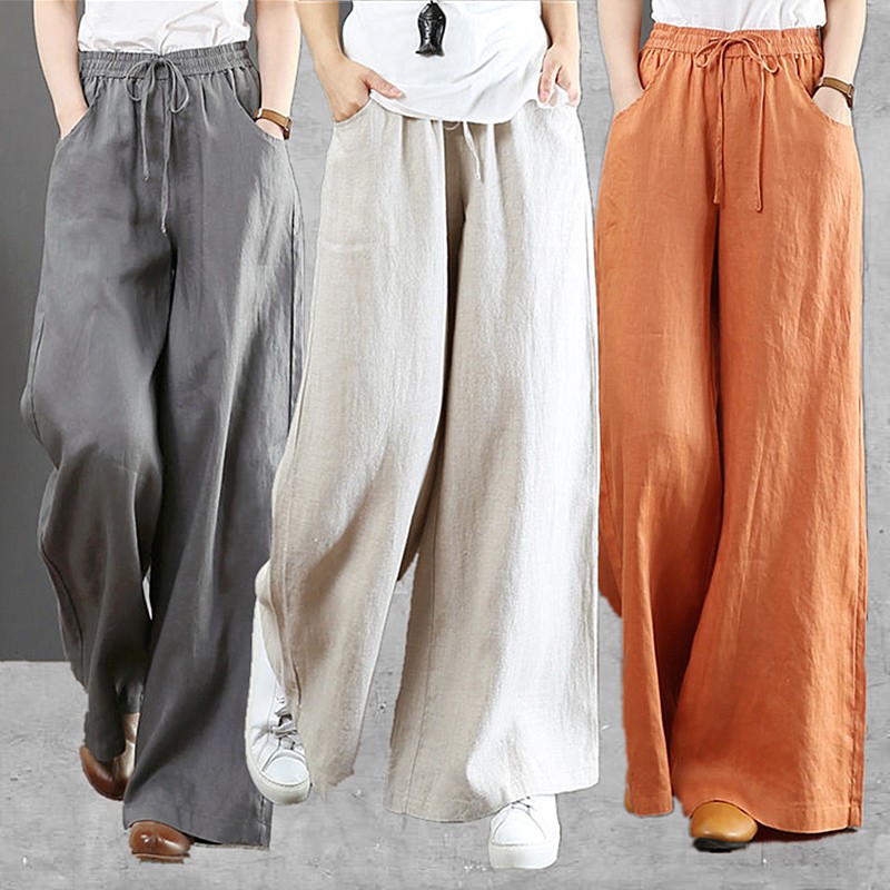 High Waisted Wide Leg Cotton Pants, Plus Size Striped Palazzo