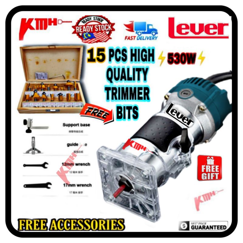 LEVER WOOD TRIMMER ROUTER 6MM 530W + 15PCS ROUTER BIT SET MESIN PROPIL ...