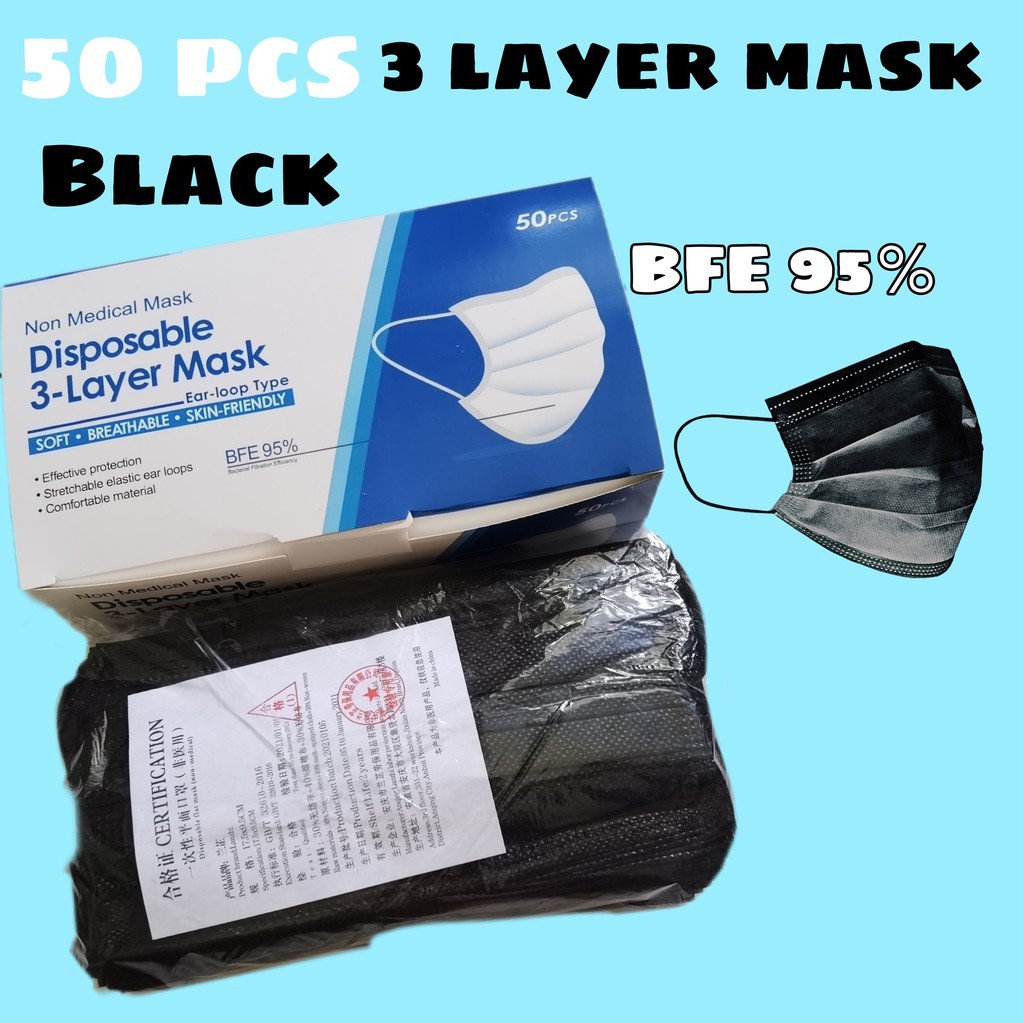 😷[Ready Stock]😷 50pcs Disposable 3-Layer Adult Face Mask (Black ...
