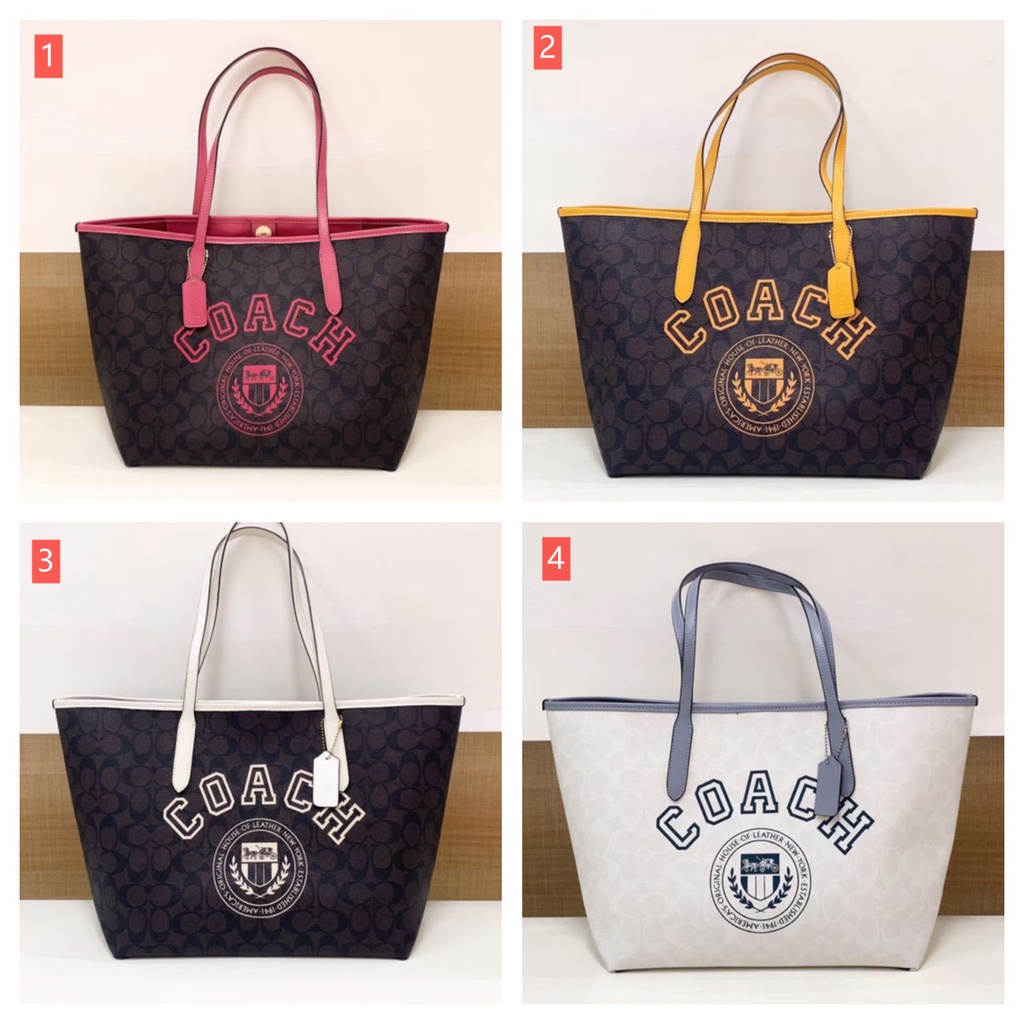 Coach Outlet City Tote In Signature Canvas With Varsity Motif in