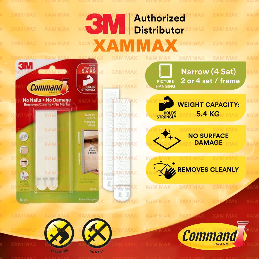 3M Command 17207 White Narrow Picture Hanging Strips 8pcs / Narrow Strips Frame Hook Wall