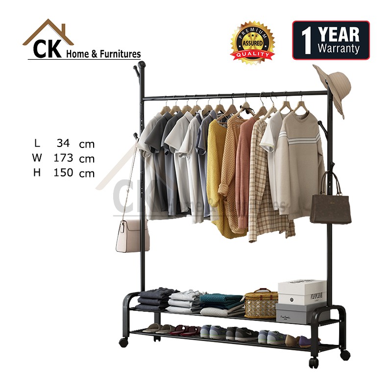 CK L150cm Clothes Rack Single Rail Double Layers With Hooks & Rollers ...