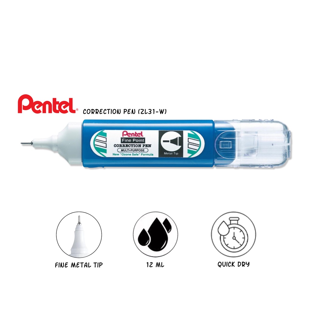 Lot Correcteurs Bureau Lot De 12 Stylos Correcteurs Pentel ZL31-W - Pointe Fine 12 Ml - Correction Précisé Lot Correcteurs 12ml