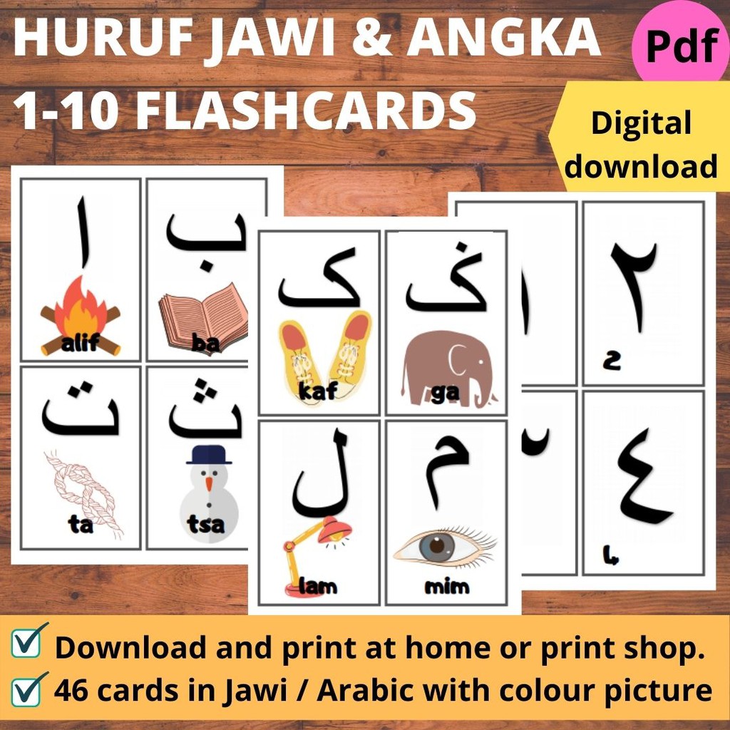 Printables Huruf Jawi Hijaiyah Arabic & Number Flashcard softcopy pdf ...