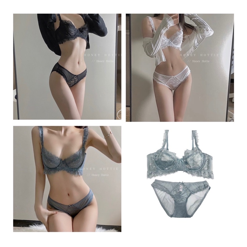 Ready stock】women lingerie bra set with panties Thin cup lace sexy underwear超薄透明蕾丝文胸套装女
