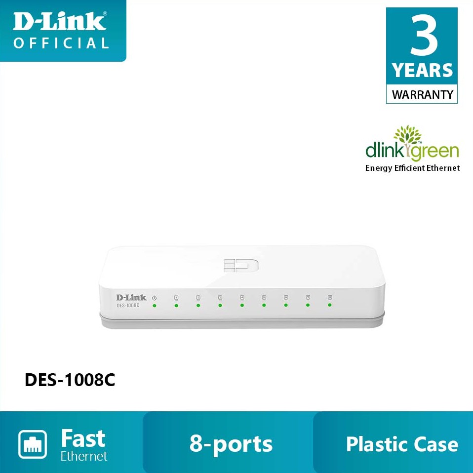 DLink DES1008C 8Port 10/100 Mbps Unmanaged Desktop Switch, Plug