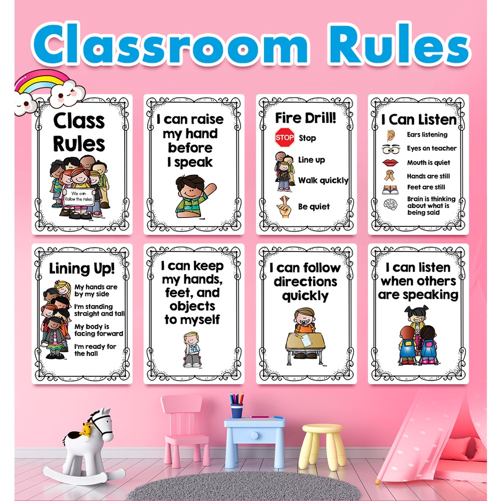 20Pcs English Classroom Rules Kindergarten A4 Posters Paintings Kids ...