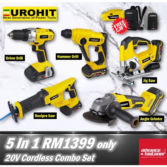 EUROHIT 20V Cordless Combo Set 5 In 1 RM1399 ( Driver Drill / Hammer