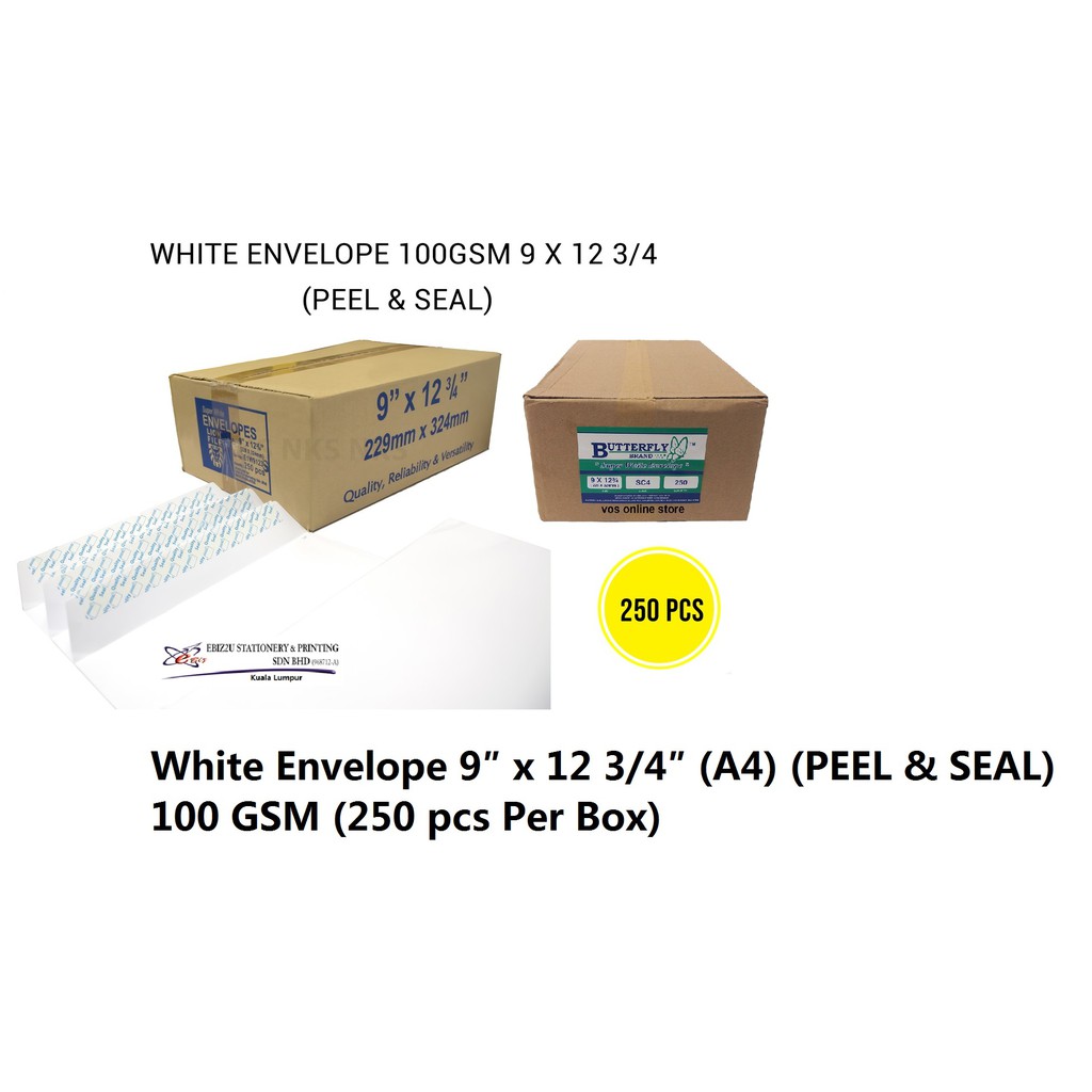 White Envelope 9″ x 12 3/4″ (A4) (PEEL & SEAL) 100 GSM (250 pcs Per Box) (Envelope, Quality